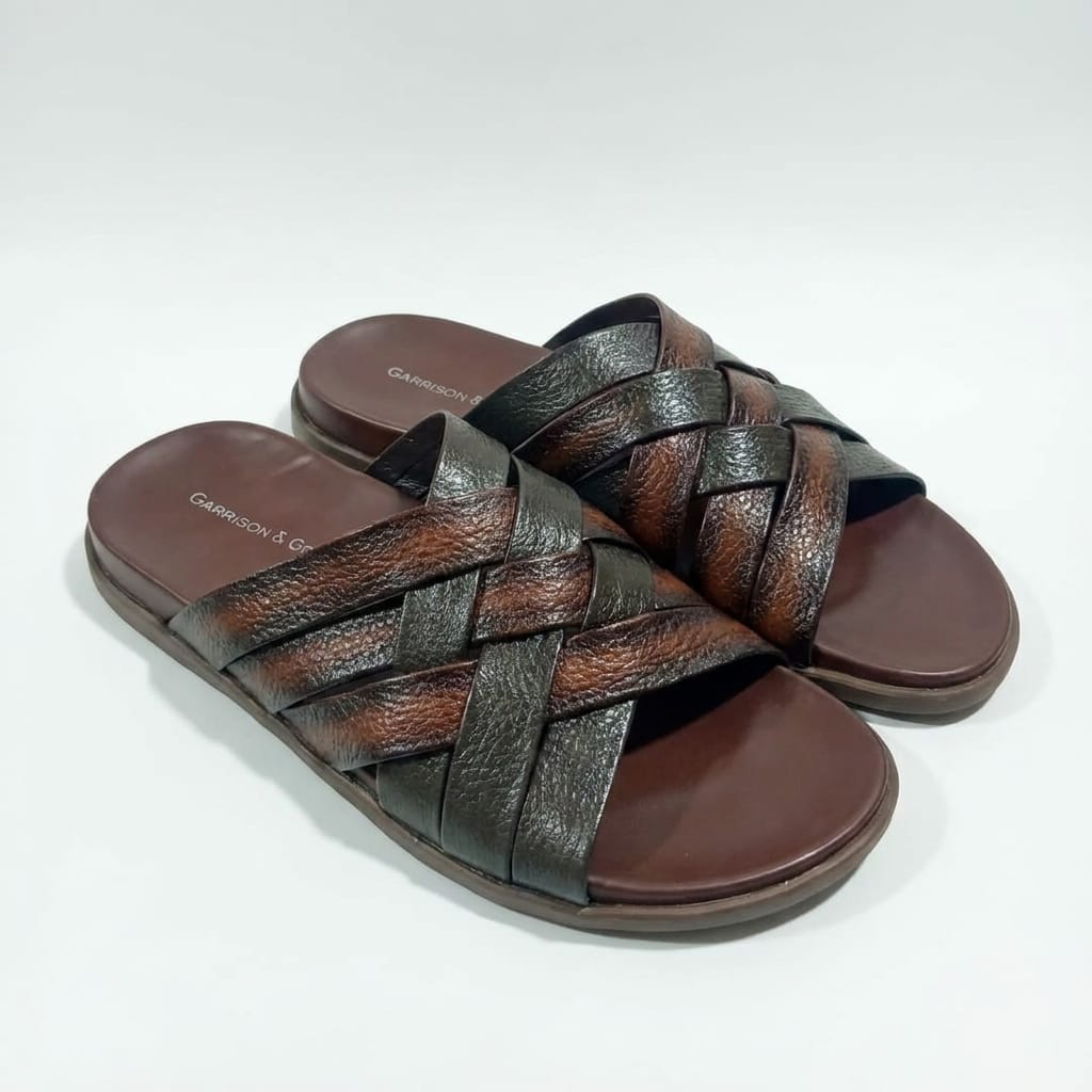 Garrison&Grain brown shaded handmade leather criss-cross strap slide sandals for men